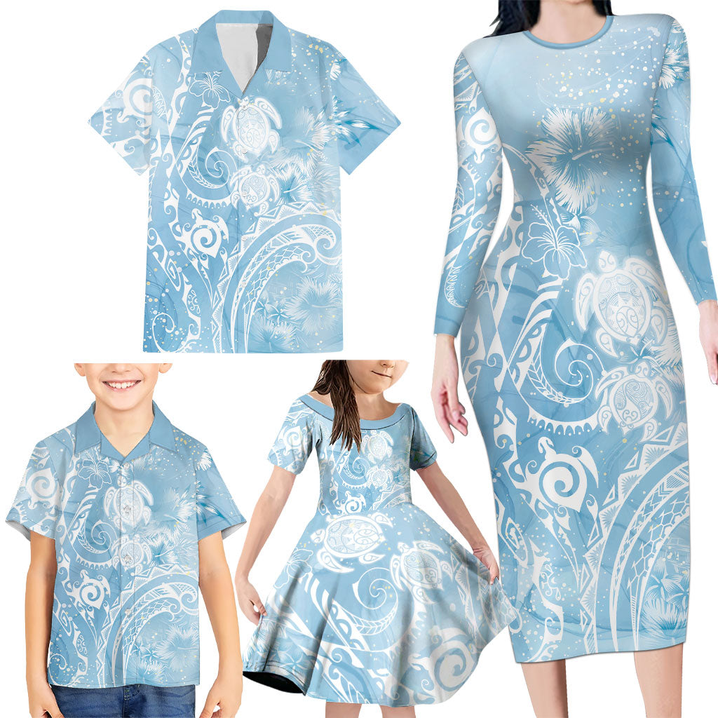 Aloha Hawaii Turtles Floral Family Matching Long Sleeve Bodycon Dress and Hawaiian Shirt Aqua Marbles Glaze