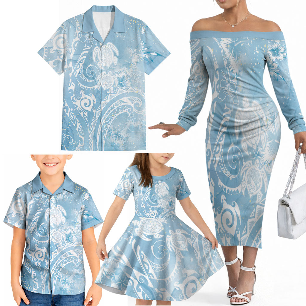 Aloha Hawaii Turtles Floral Family Matching Off The Shoulder Long Sleeve Dress and Hawaiian Shirt Aqua Marbles Glaze LT7 - Polynesian Pride