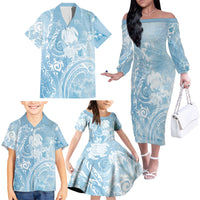 Aloha Hawaii Turtles Floral Family Matching Off The Shoulder Long Sleeve Dress and Hawaiian Shirt Aqua Marbles Glaze