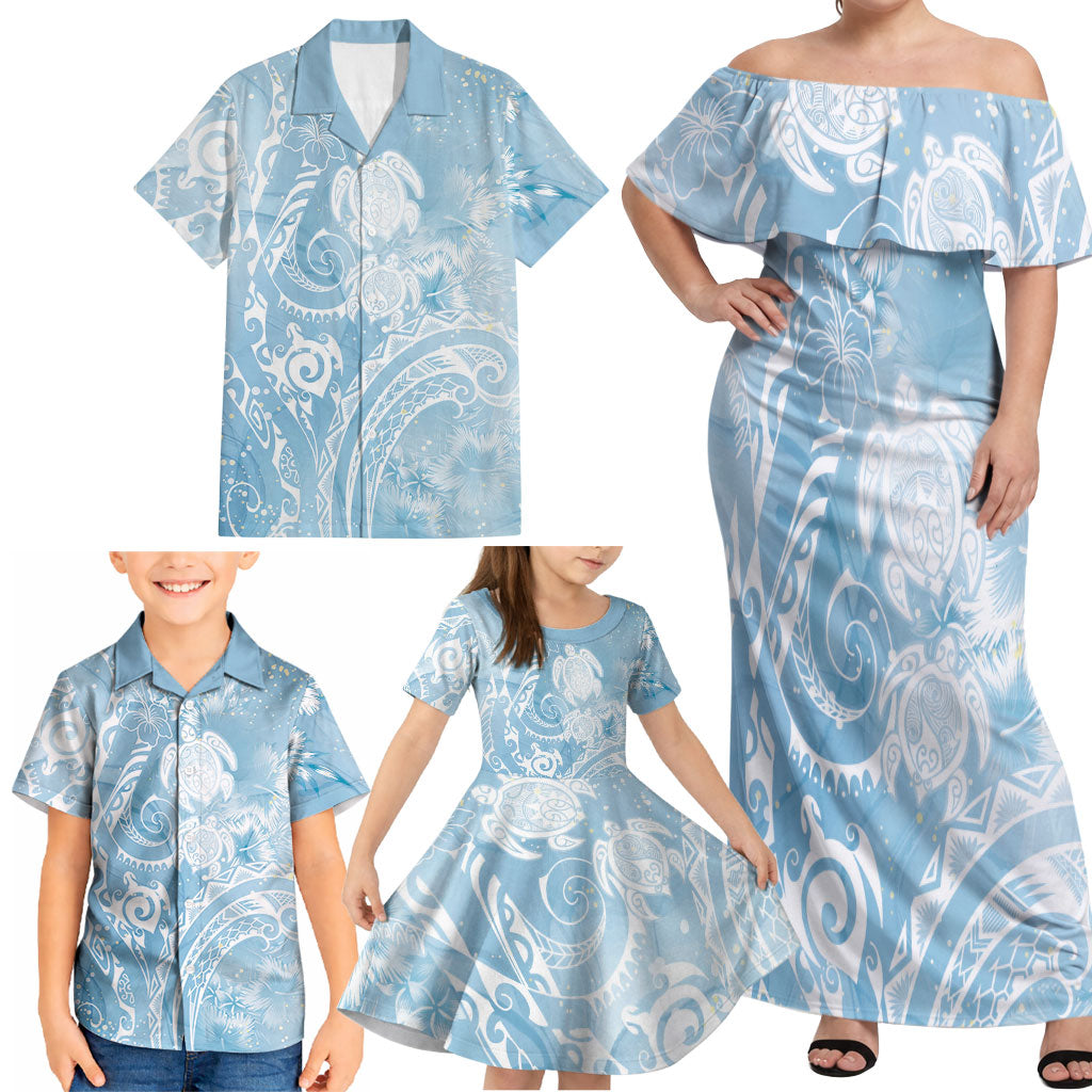 Aloha Hawaii Turtles Floral Family Matching Off Shoulder Maxi Dress and Hawaiian Shirt Aqua Marbles Glaze LT7 - Polynesian Pride