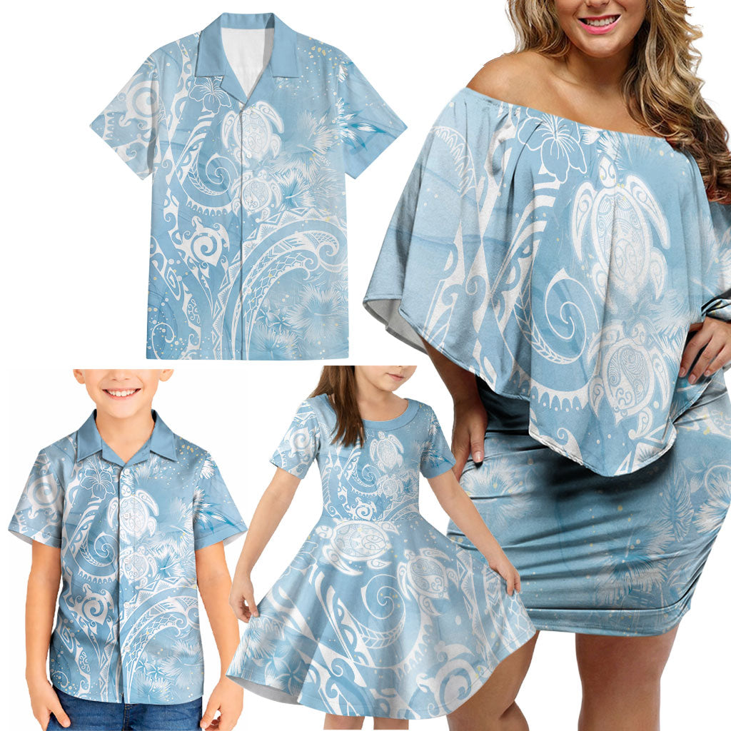Aloha Hawaii Turtles Floral Family Matching Off Shoulder Short Dress and Hawaiian Shirt Aqua Marbles Glaze LT7 - Polynesian Pride