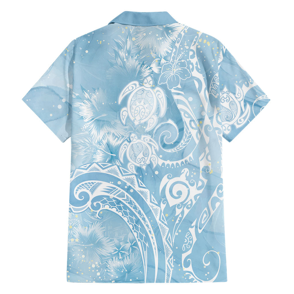 Aloha Hawaii Turtles Floral Family Matching Off Shoulder Short Dress and Hawaiian Shirt Aqua Marbles Glaze