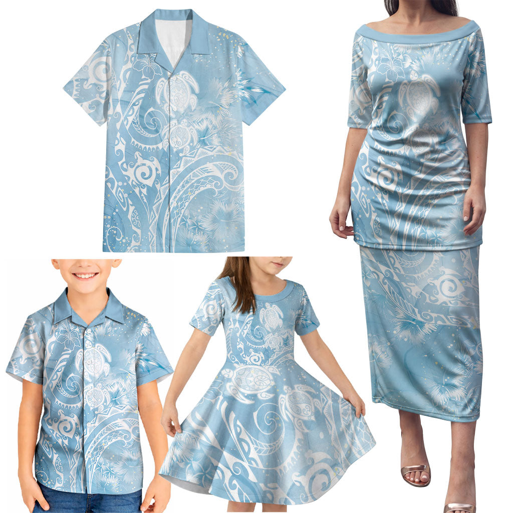 Aloha Hawaii Turtles Floral Family Matching Puletasi and Hawaiian Shirt Aqua Marbles Glaze LT7 - Polynesian Pride
