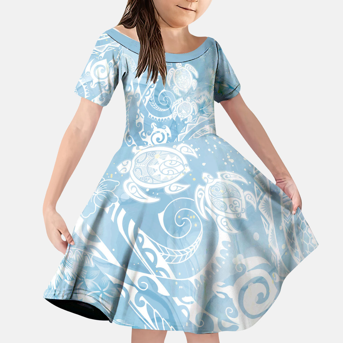 Aloha Hawaii Turtles Floral Kid Short Sleeve Dress Aqua Marbles Glaze