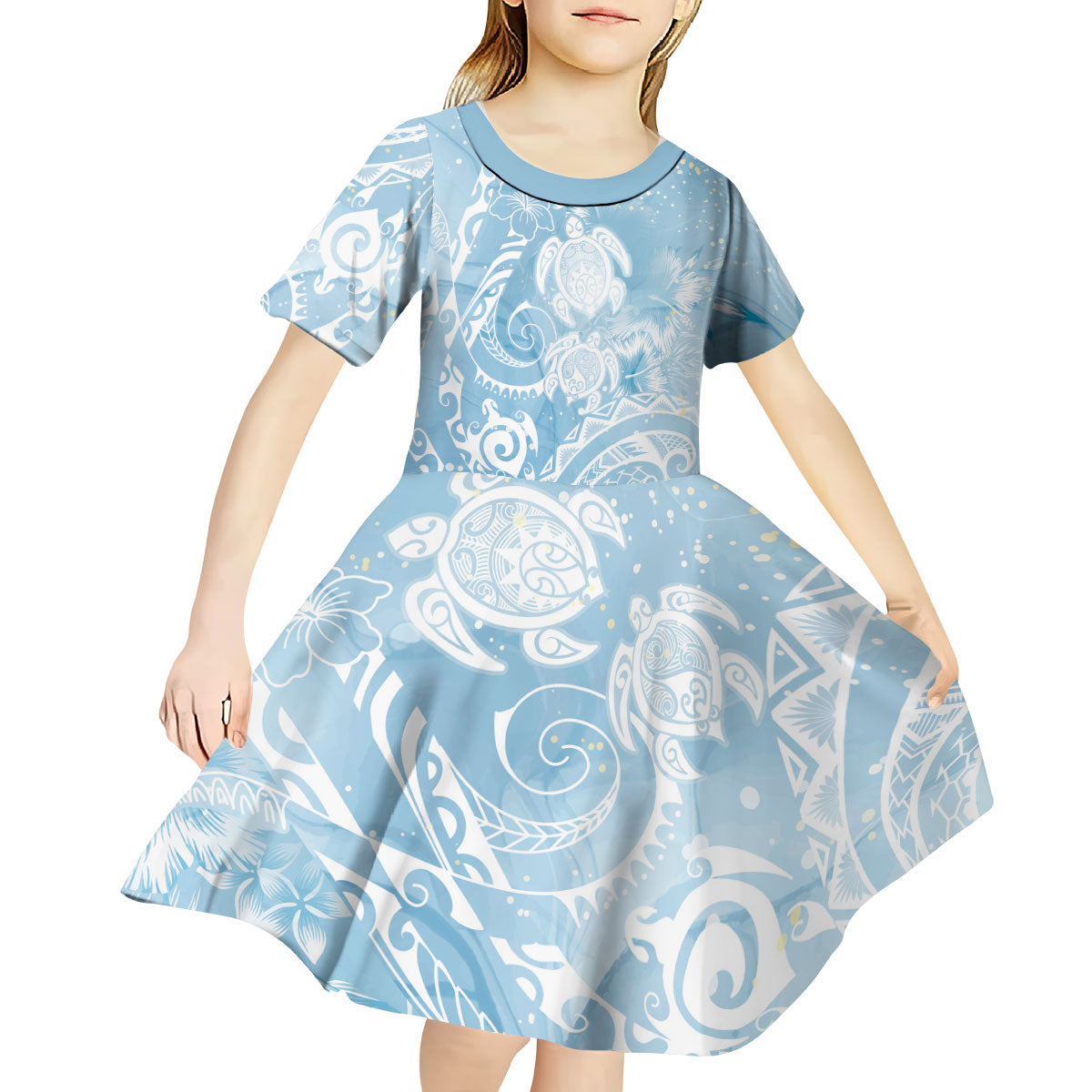 Aloha Hawaii Turtles Floral Kid Short Sleeve Dress Aqua Marbles Glaze