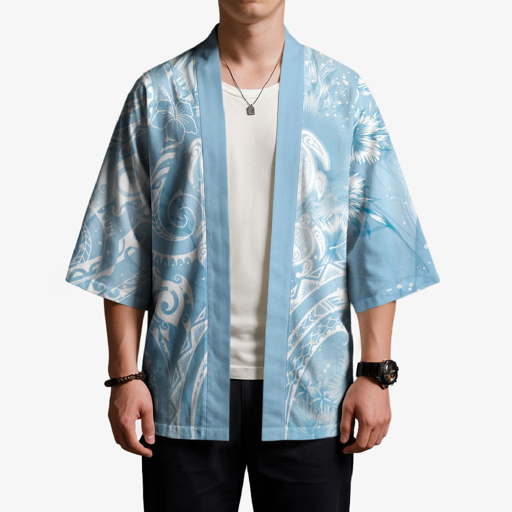 Aloha Hawaii Turtles Floral Kimono Aqua Marbles Glaze