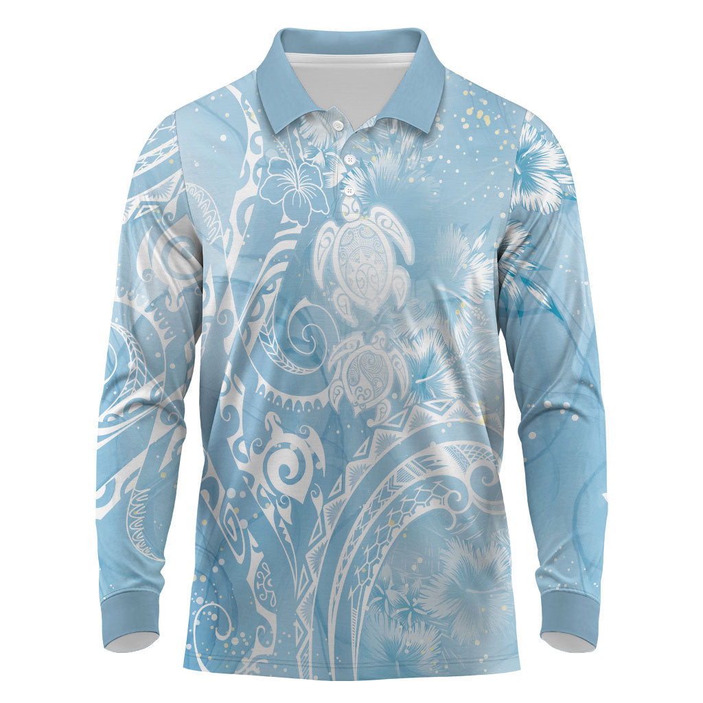 Aloha Hawaii Turtles Floral Long Sleeve Polo Shirt Aqua Marbles Glaze