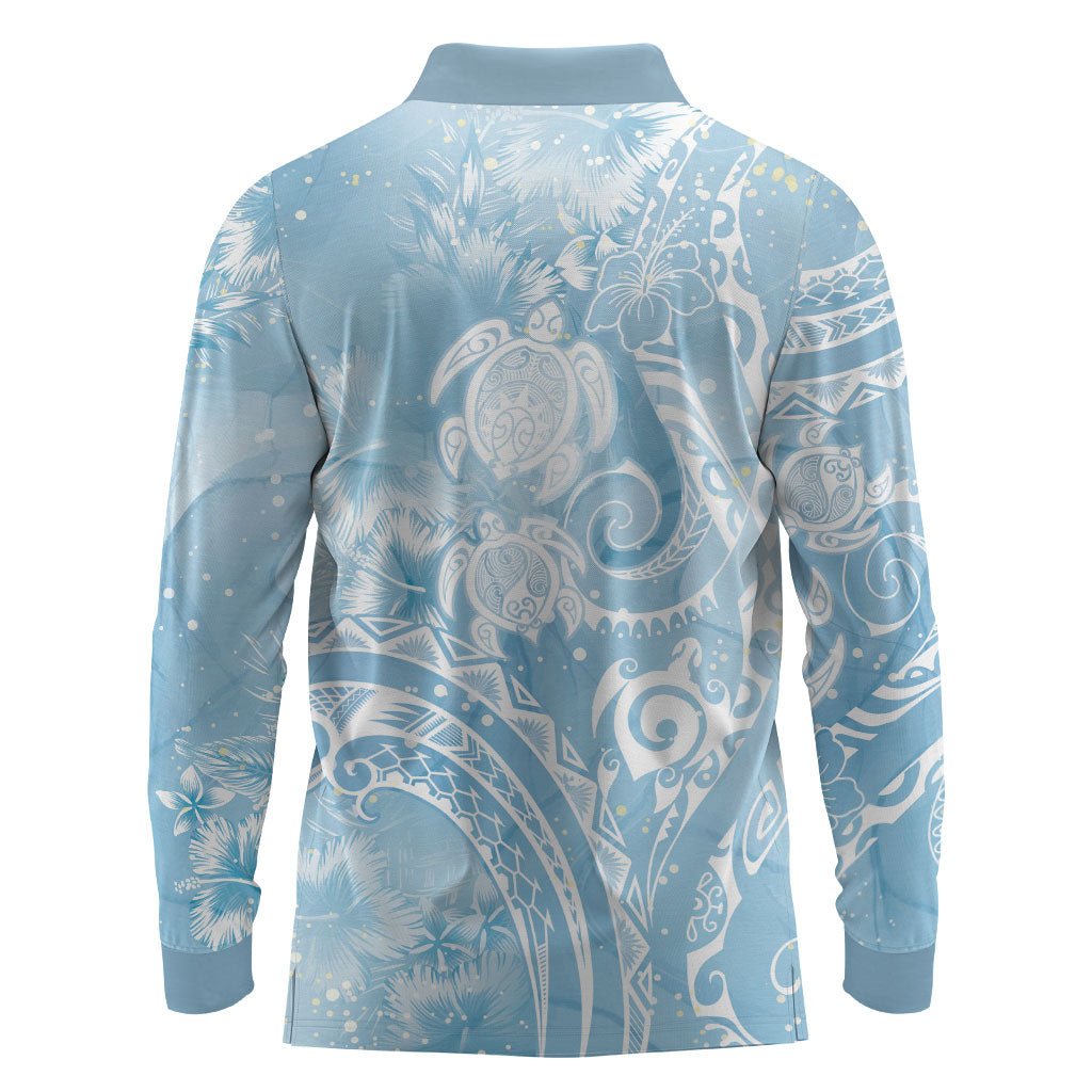 Aloha Hawaii Turtles Floral Long Sleeve Polo Shirt Aqua Marbles Glaze