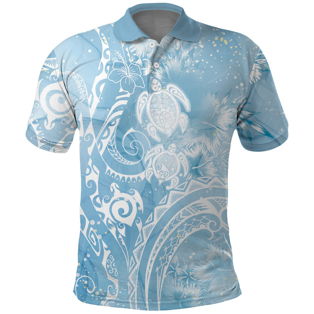Aloha Hawaii Turtles Floral Polo Shirt Aqua Marbles Glaze
