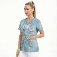 Aloha Hawaii Turtles Floral Scrub Top Aqua Marbles Glaze