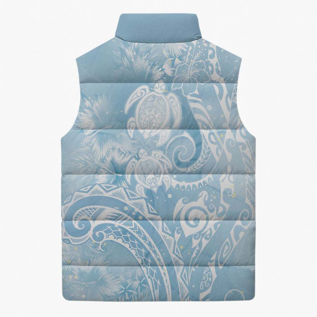 Aloha Hawaii Turtles Floral Sleeveless Puffer Jacket Aqua Marbles Glaze
