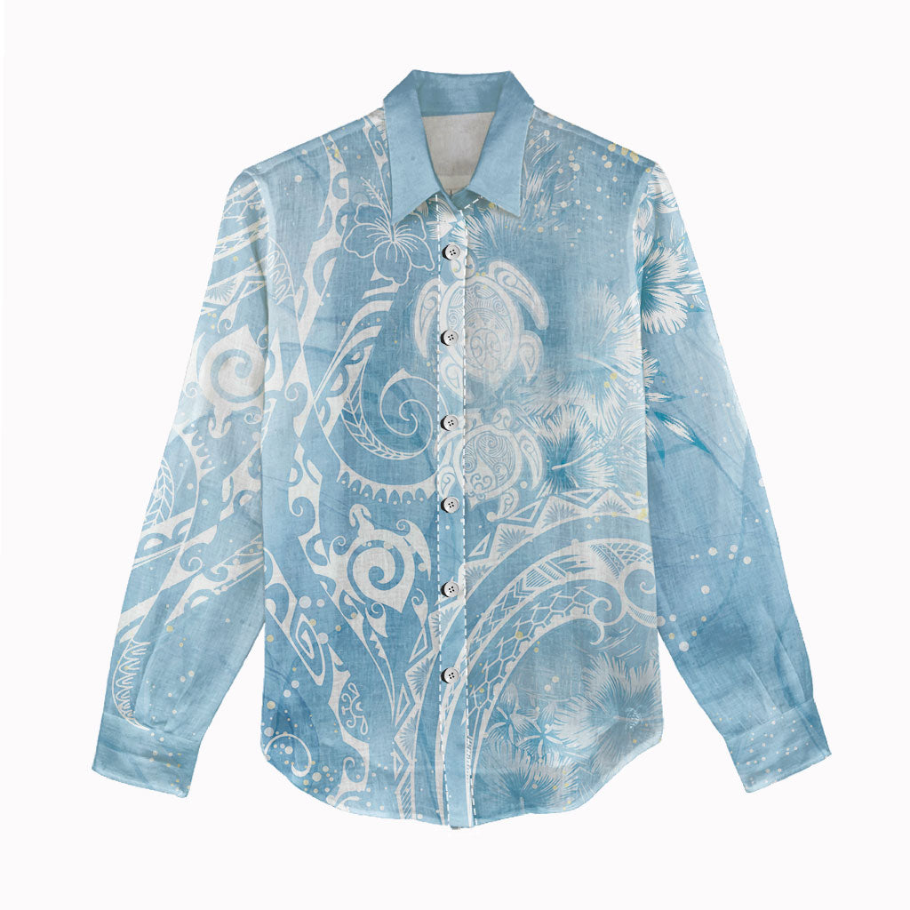 Aloha Hawaii Turtles Floral Women Casual Shirt Aqua Marbles Glaze