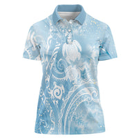 Aloha Hawaii Turtles Floral Women Polo Shirt Aqua Marbles Glaze