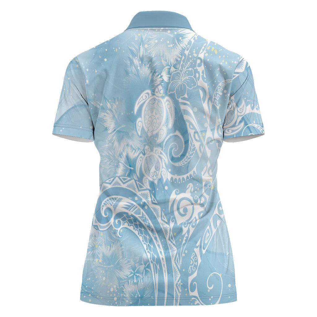 Aloha Hawaii Turtles Floral Women Polo Shirt Aqua Marbles Glaze