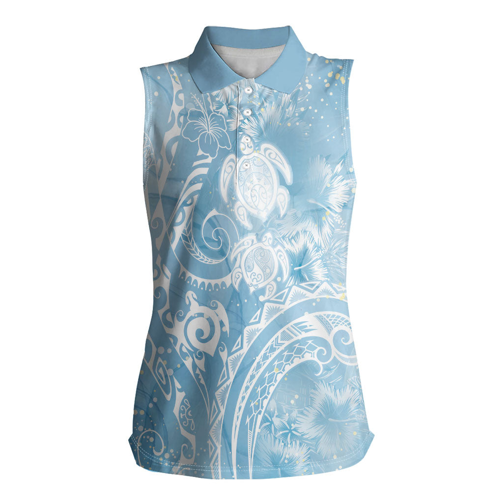 Aloha Hawaii Turtles Floral Women Sleeveless Polo Shirt Aqua Marbles Glaze
