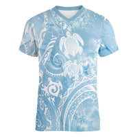 Aloha Hawaii Turtles Floral Women V-Neck T-Shirt Aqua Marbles Glaze