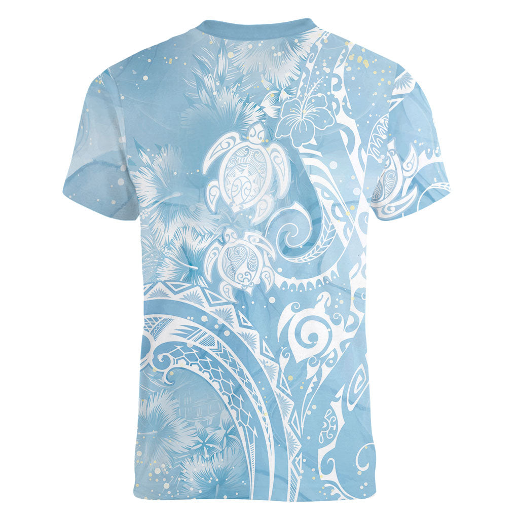 Aloha Hawaii Turtles Floral Women V-Neck T-Shirt Aqua Marbles Glaze
