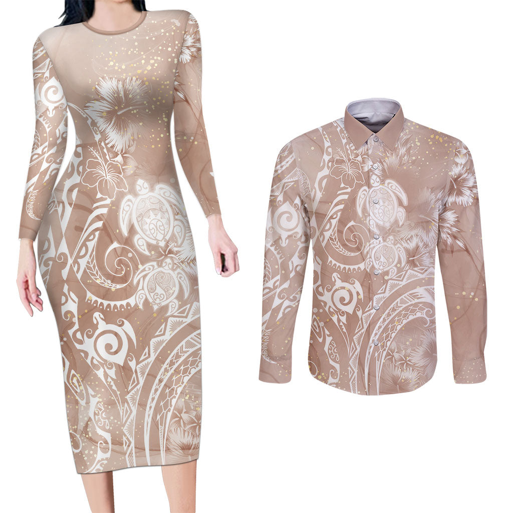 Aloha Hawaii Turtles Floral Couples Matching Long Sleeve Bodycon Dress and Long Sleeve Button Shirt Taupe Marbles Glaze