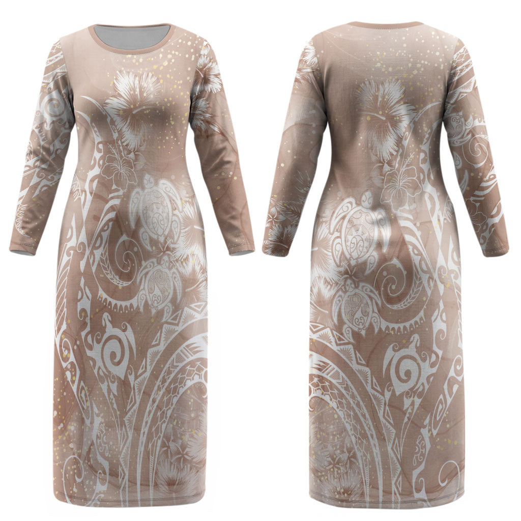 Aloha Hawaii Turtles Floral Couples Matching Long Sleeve Bodycon Dress and Long Sleeve Button Shirt Taupe Marbles Glaze LT7 - Polynesian Pride