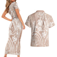 Aloha Hawaii Turtles Floral Couples Matching Short Sleeve Bodycon Dress and Hawaiian Shirt Taupe Marbles Glaze