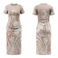 Aloha Hawaii Turtles Floral Couples Matching Short Sleeve Bodycon Dress and Long Sleeve Button Shirt Taupe Marbles Glaze LT7 - Polynesian Pride