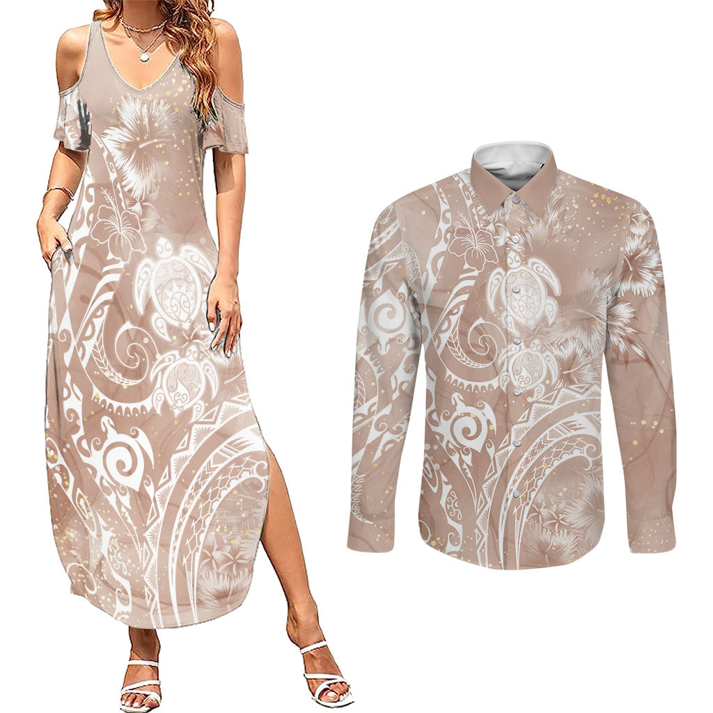 Aloha Hawaii Turtles Floral Couples Matching Summer Maxi Dress and Long Sleeve Button Shirt Taupe Marbles Glaze
