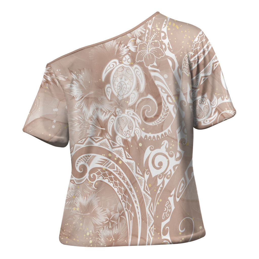 Aloha Hawaii Turtles Floral Cross Shoulder Shirt Taupe Marbles Glaze
