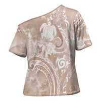 Aloha Hawaii Turtles Floral Cross Shoulder Shirt Taupe Marbles Glaze