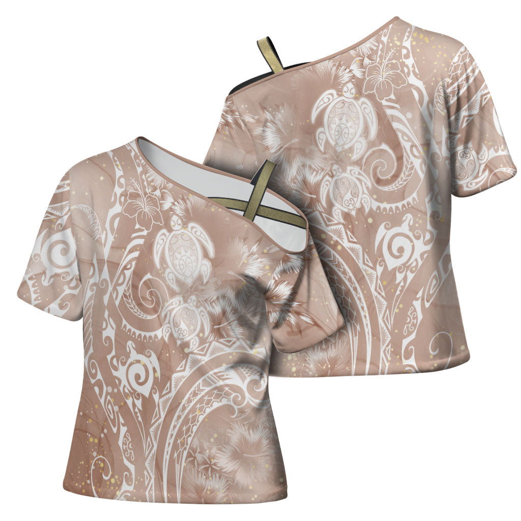 Aloha Hawaii Turtles Floral Cross Shoulder Shirt Taupe Marbles Glaze