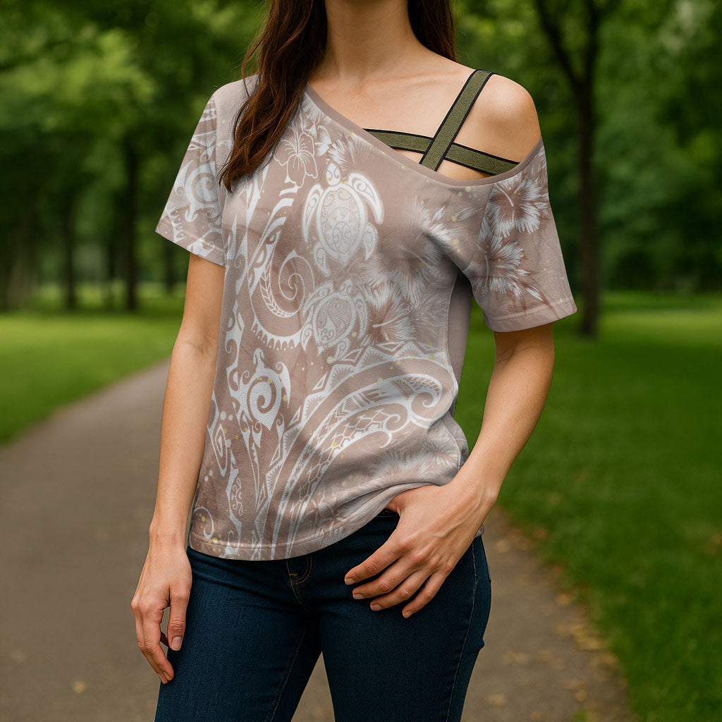 Aloha Hawaii Turtles Floral Cross Shoulder Shirt Taupe Marbles Glaze