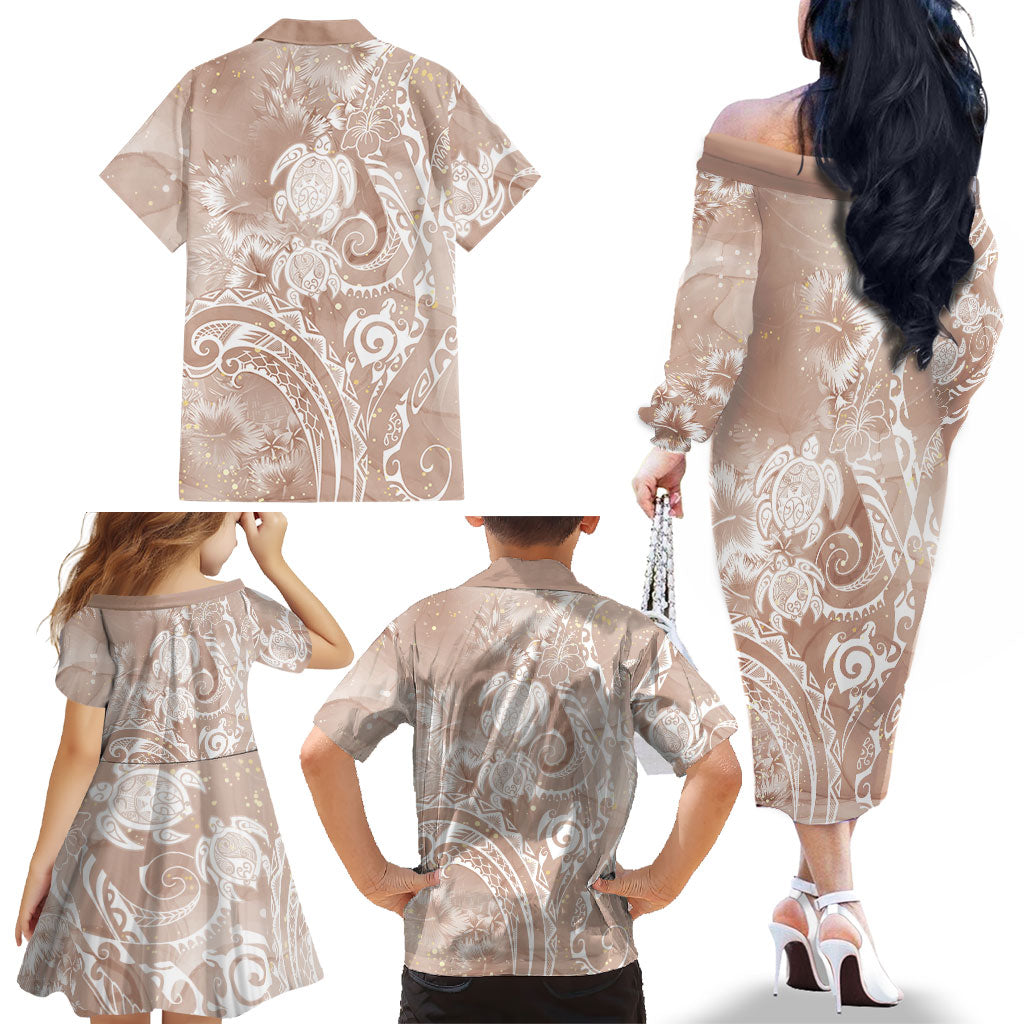 Aloha Hawaii Turtles Floral Family Matching Off The Shoulder Long Sleeve Dress and Hawaiian Shirt Taupe Marbles Glaze