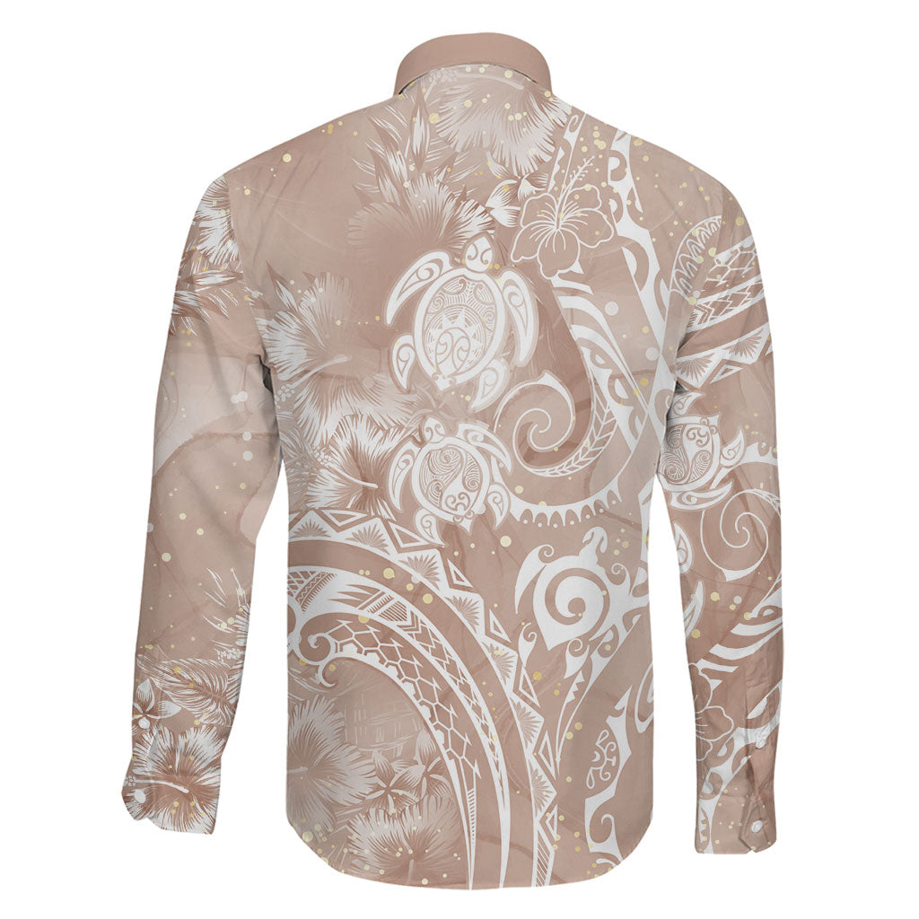 Aloha Hawaii Turtles Floral Family Matching Off The Shoulder Long Sleeve Dress and Hawaiian Shirt Taupe Marbles Glaze