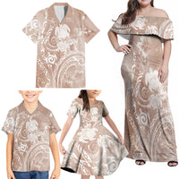 Aloha Hawaii Turtles Floral Family Matching Off Shoulder Maxi Dress and Hawaiian Shirt Taupe Marbles Glaze