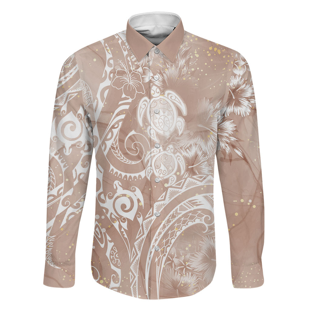 Aloha Hawaii Turtles Floral Family Matching Off Shoulder Maxi Dress and Hawaiian Shirt Taupe Marbles Glaze