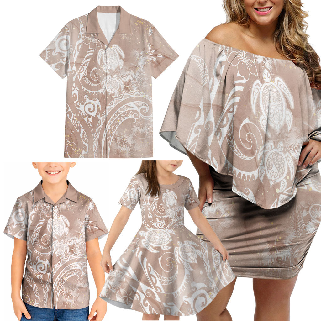 Aloha Hawaii Turtles Floral Family Matching Off Shoulder Short Dress and Hawaiian Shirt Taupe Marbles Glaze LT7 - Polynesian Pride