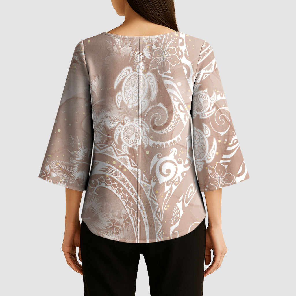 Aloha Hawaii Turtles Floral Kimono Sleeve Blouse Taupe Marbles Glaze