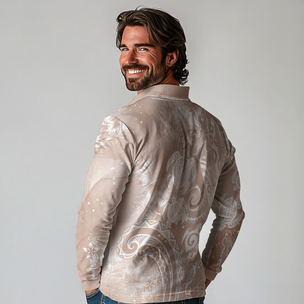 Aloha Hawaii Turtles Floral Long Sleeve Polo Shirt Taupe Marbles Glaze
