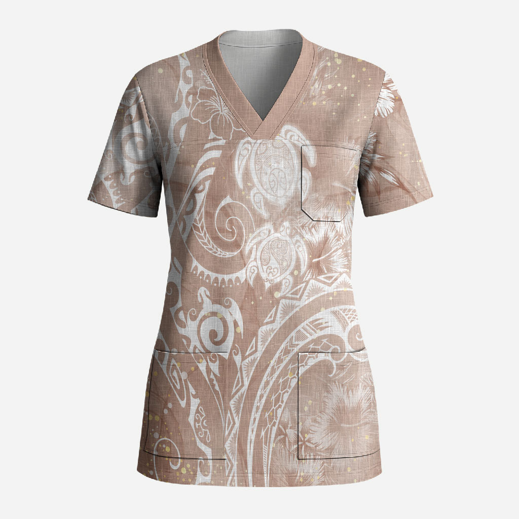 Aloha Hawaii Turtles Floral Scrub Top Taupe Marbles Glaze