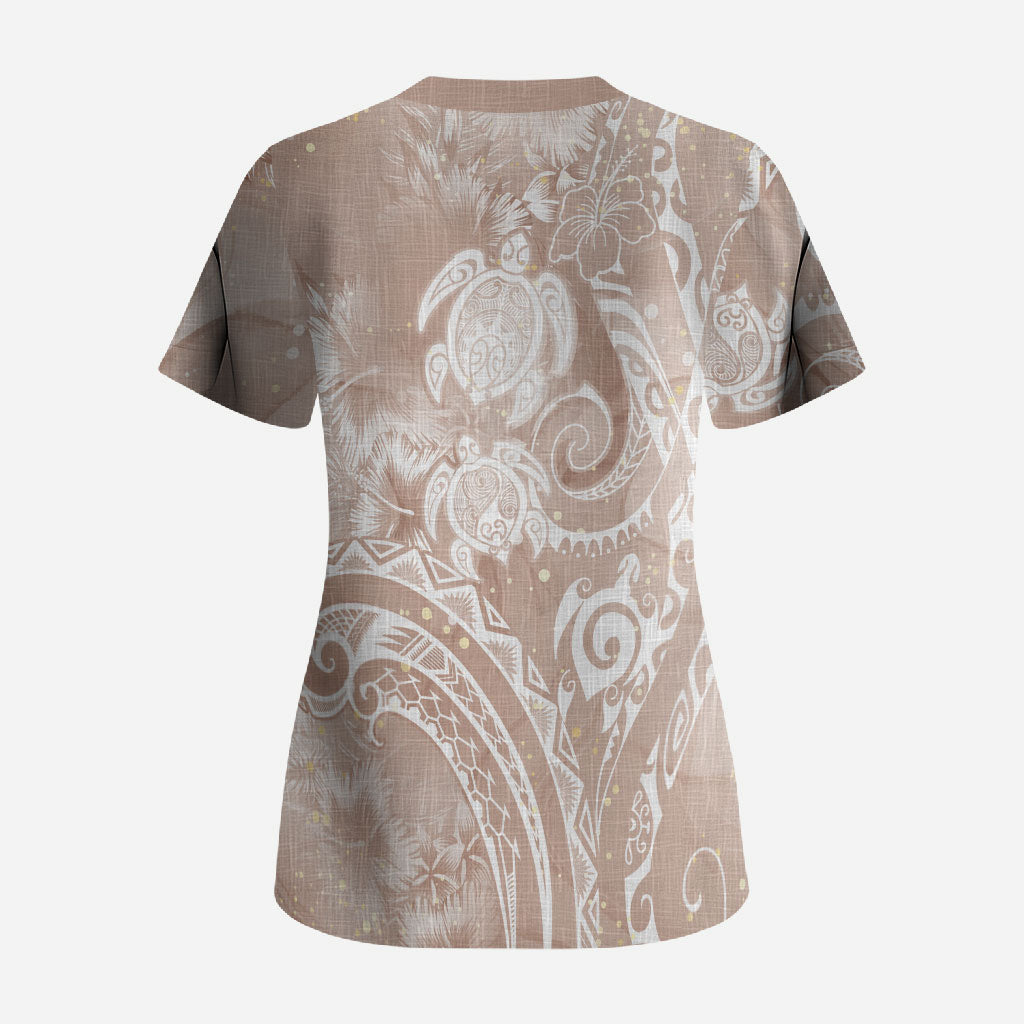 Aloha Hawaii Turtles Floral Scrub Top Taupe Marbles Glaze