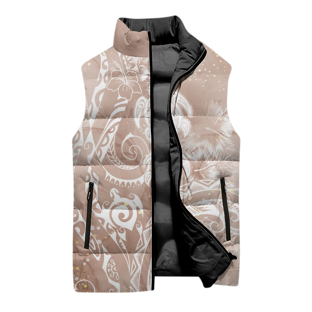 Aloha Hawaii Turtles Floral Sleeveless Puffer Jacket Taupe Marbles Glaze