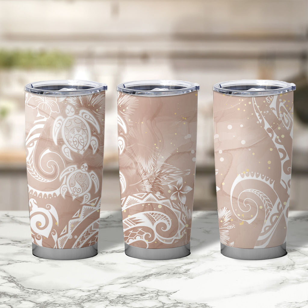 Aloha Hawaii Turtles Floral Tumbler Cup Taupe Marbles Glaze