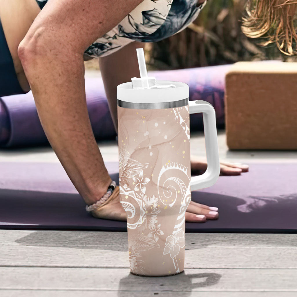 Aloha Hawaii Turtles Floral Tumbler With Handle Taupe Marbles Glaze