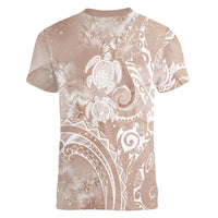 Aloha Hawaii Turtles Floral Women V-Neck T-Shirt Taupe Marbles Glaze