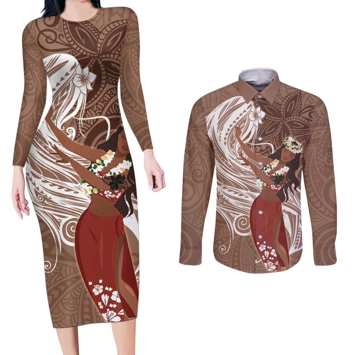 Tahiti Islands Polynesian Plumeria Couples Matching Long Sleeve Bodycon Dress and Long Sleeve Button Shirt Tahitian Vahine 'Ote'a - Beige LT7 Beige - Polynesian Pride