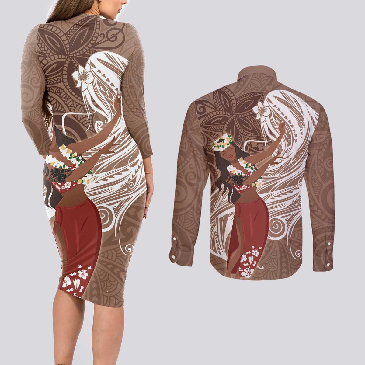 Tahiti Islands Polynesian Plumeria Couples Matching Long Sleeve Bodycon Dress and Long Sleeve Button Shirt Tahitian Vahine 'Ote'a - Beige LT7 - Polynesian Pride