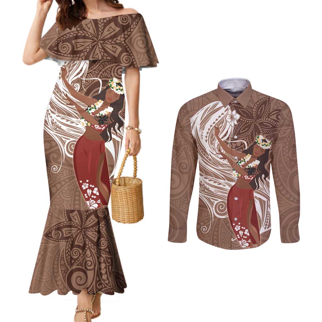 Tahiti Islands Polynesian Plumeria Couples Matching Mermaid Dress and Long Sleeve Button Shirt Tahitian Vahine 'Ote'a - Beige LT7 Beige - Polynesian Pride
