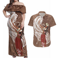 Tahiti Islands Polynesian Plumeria Couples Matching Off Shoulder Maxi Dress and Hawaiian Shirt Tahitian Vahine 'Ote'a - Beige LT7 Beige - Polynesian Pride