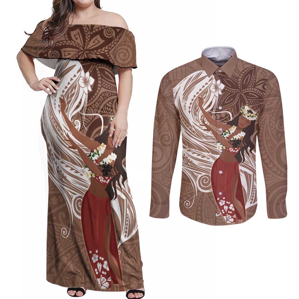Tahiti Islands Polynesian Plumeria Couples Matching Off Shoulder Maxi Dress and Long Sleeve Button Shirt Tahitian Vahine 'Ote'a - Beige LT7 Beige - Polynesian Pride