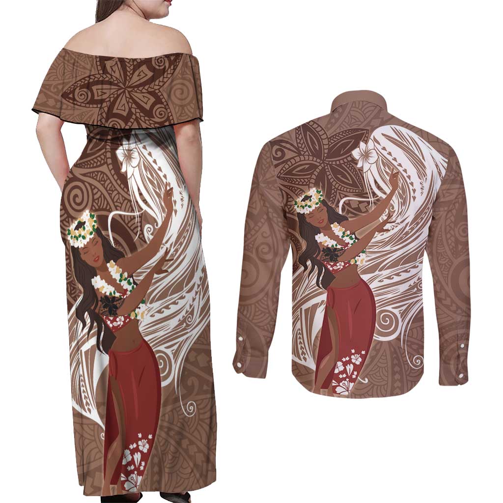 Tahiti Islands Polynesian Plumeria Couples Matching Off Shoulder Maxi Dress and Long Sleeve Button Shirt Tahitian Vahine 'Ote'a - Beige LT7 - Polynesian Pride