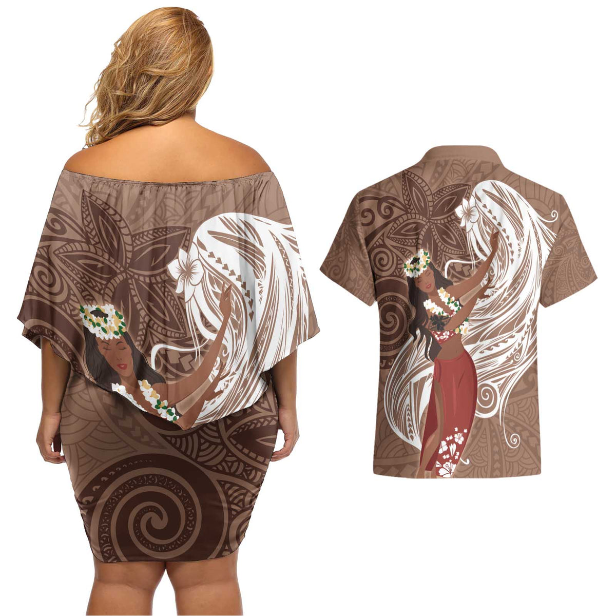 Tahiti Islands Polynesian Plumeria Couples Matching Off Shoulder Short Dress and Hawaiian Shirt Tahitian Vahine 'Ote'a - Beige LT7 - Polynesian Pride